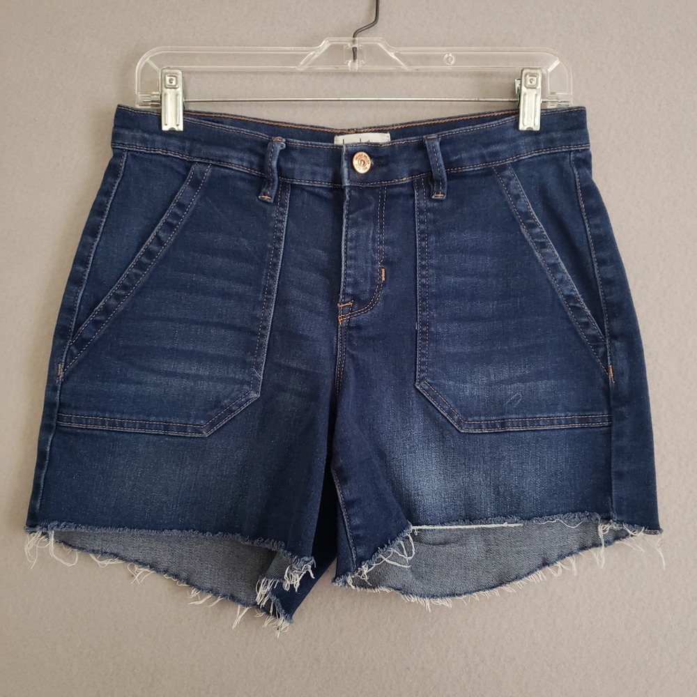 Nicole Miller Women 4 Soho High Rise Denim Shorts Dark Wash Blue Raw Hem Pockets